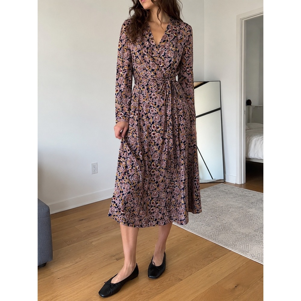 Weekend Max Mara Navy Floral Wrap Midi Dress Tie Waist Size 12 Romantic Cottage